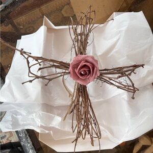 Rustic Twig Cross with Pink Fabric Rose. Great for Spring or Easter